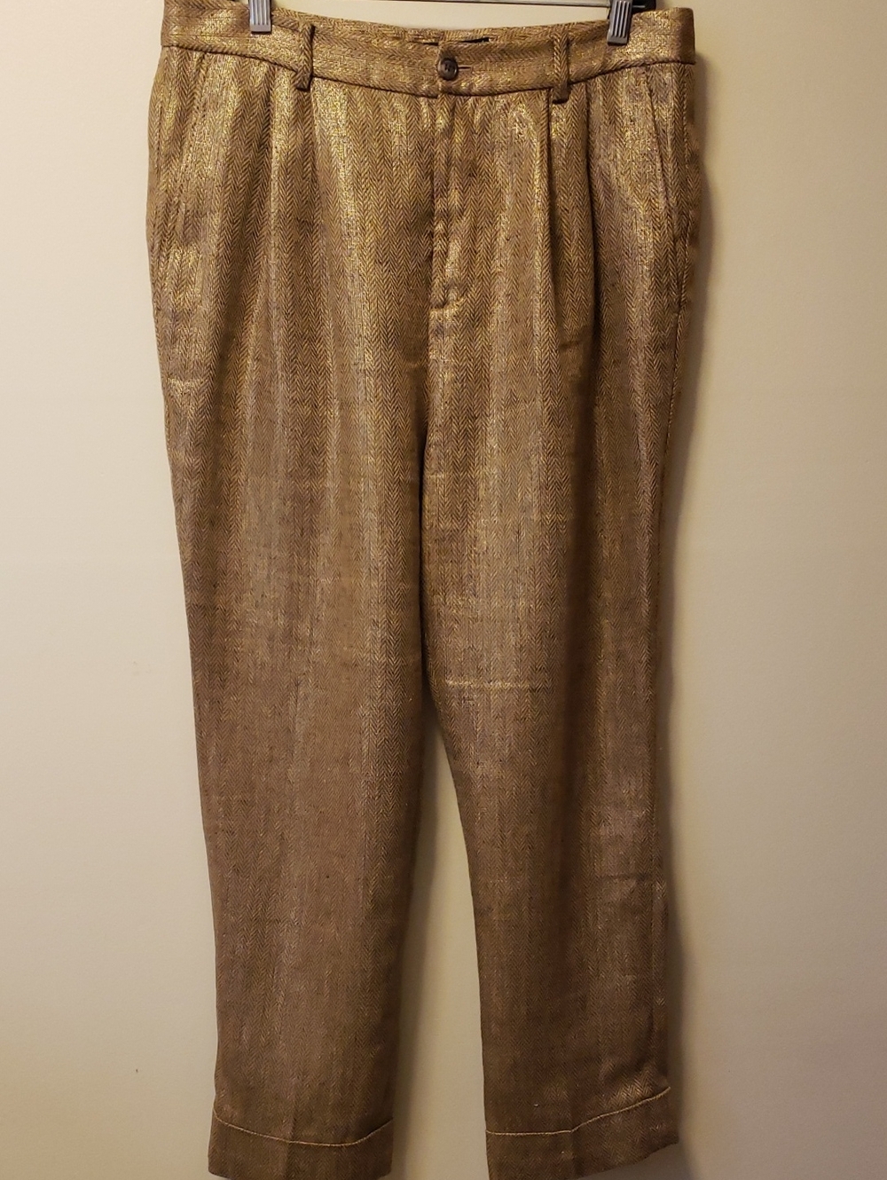 Ralph Lauren 100% Linen Gold & Brown Herringbone Pleated Trousers for Women